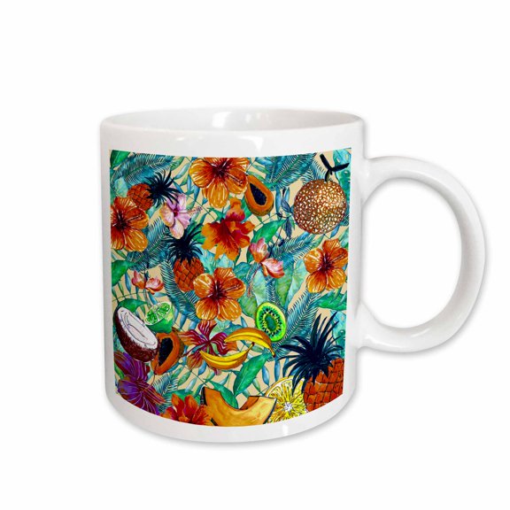3drose, Aloha Fresh Fruit Hibiscus Flower Jungle Tropical Hawaii Pattern, 11oz Mug