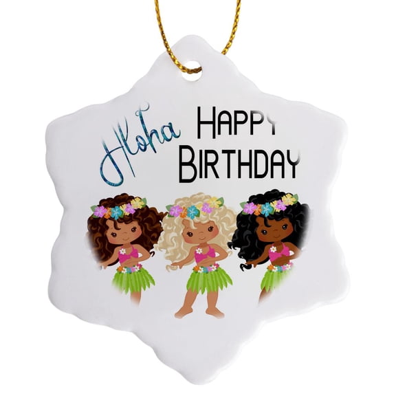 3drose, Aloha Happy Birthday with Hula Dancers, 3 inch Snowflake Porcelain Ornament