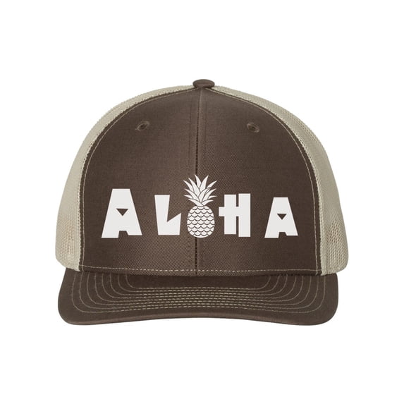 Aloha Hat, Aloha Pineapple, Pineapple Hat, Hawaiian Hat, Pineapple Snapback, Trucker Hat, Vacation Hat, 10 Different Colors, White Text, Brown/Khaki