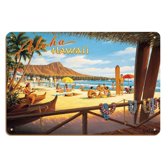 Aloha Hawaii - Diamond Head Crater - Royal Hawaiian Hotel - Waikiki Beach - Vintage Hawaiian Travel Poster by Kerne Erickson - 8 x 12 inch Vintage Wood Art Sign