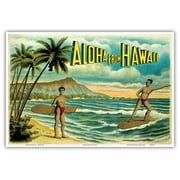 Aloha from Hawaii - Famous Surf Riders - Island Curio Co. Honolulu - Vintage Hawaiian Color Postcard c.1900's - Master Art Print (Unframed) 13in x 19in