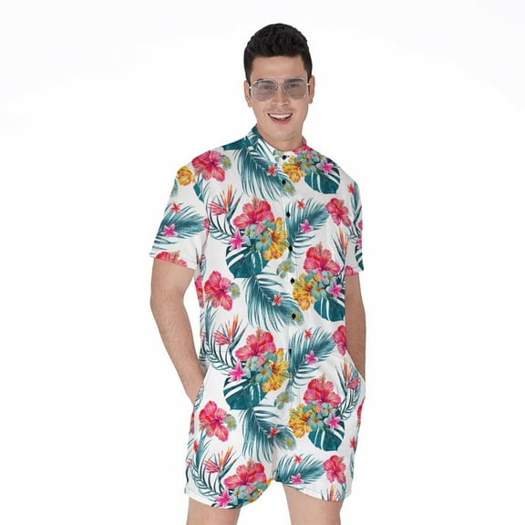Aloha Hawaii Floral Pattern Short Sleeve Men'S Rompers, Aloha Tropical Hawaiian Casual Summer Jumpsuits Outfit