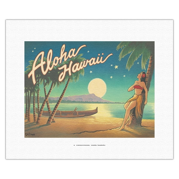 Aloha Hawaii - Full Moon over Diamond Head - Vintage Hawaiian Travel Poster by Kerne Erickson - Fine Art Rolled Canvas Print 11in x 14in