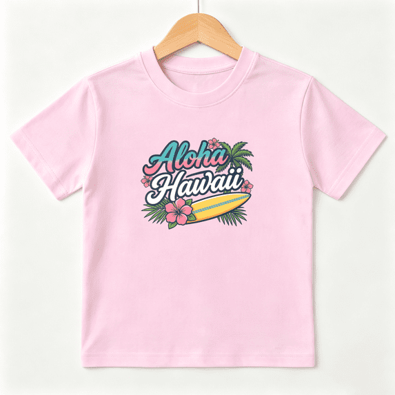Aloha Hawaii Girls Graphic Tee, Summer Beach Surfboard 100% Cotton Kids Short Sleeve T-Shirt