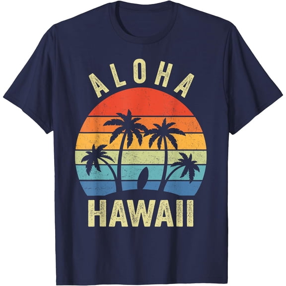 Aloha Hawaii Hawaiian Island Palm Beach Surfboard Surf Unisex T-Shirt for Men Women,Navy Color,Size M