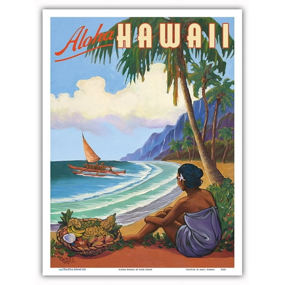Aloha Hawaii - Hawaiian Woman watching Outrigger Canoe (Wa’a) - Vintage Hawaiian Travel Poster by Rick Sharp - Master Art Print (Unframed) 9in x 12in