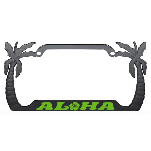 Aloha Hawaii Hibiscus Floral Flowers Design Palm Tree Heavy Duty Metal License Plate Frame Auto License Plate Frame/Car Accessories (Black/Lime Green)