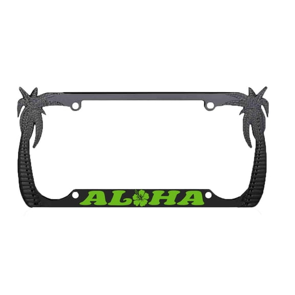 Aloha Hawaii Hibiscus Floral Flowers Design Palm Tree Heavy Duty Metal License Plate Frame Auto License Plate Frame/Car Accessories (Black/Lime Green)