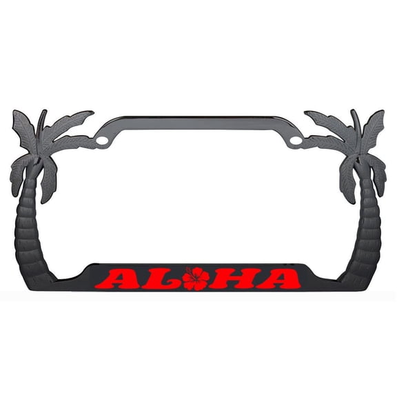Aloha Hawaii Hibiscus Floral Flowers Design Palm Tree Heavy Duty Metal License Plate Frame Auto License Plate Frame/Car Accessories (Black/Red)