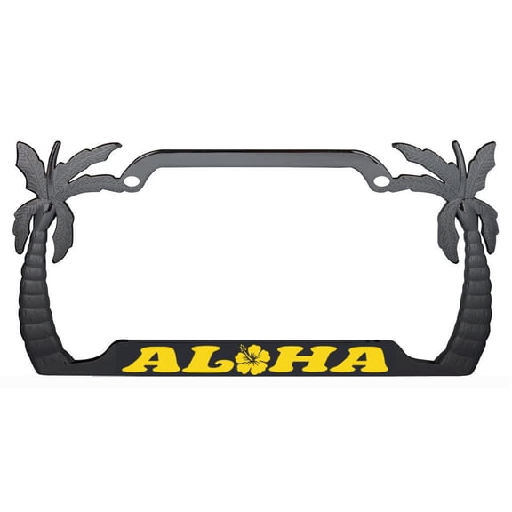 Aloha Hawaii Hibiscus Floral Flowers Design Palm Tree Heavy Duty Metal License Plate Frame Auto License Plate Frame/Car Accessories (Black/Yellow)