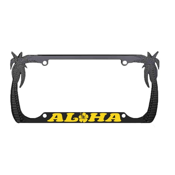 Aloha Hawaii Hibiscus Floral Flowers Design Palm Tree Heavy Duty Metal License Plate Frame Auto License Plate Frame/Car Accessories (Black/Yellow)