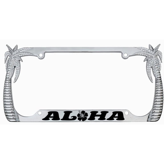 Aloha Hawaii Hibiscus Floral Flowers Design Palm Tree Heavy Duty Metal License Plate Frame Auto License Plate Frame/Car Accessories (Chrome/Black)