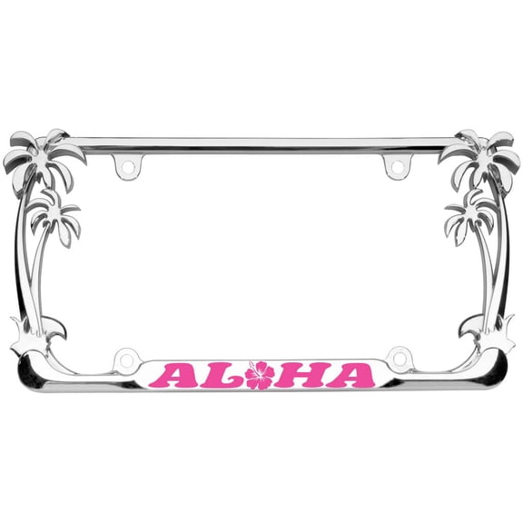 Aloha Hawaii Hibiscus Floral Flowers Design Palm Tree Heavy Duty Metal License Plate Frame Auto License Plate Frame/Car Accessories (Chrome/D.Pink)