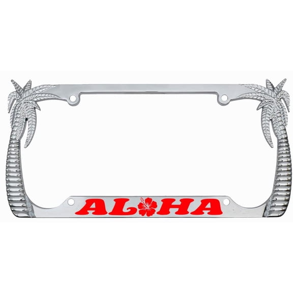 Aloha Hawaii Hibiscus Floral Flowers Design Palm Tree Heavy Duty Metal License Plate Frame Auto License Plate Frame/Car Accessories (Chrome/Red)