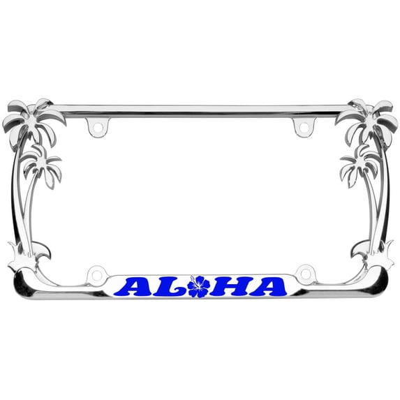 Aloha Hawaii Hibiscus Floral Flowers Design Palm Tree Heavy Duty Metal License Plate Frame Auto License Plate Frame/Car Accessories (Chrome/line Blue)