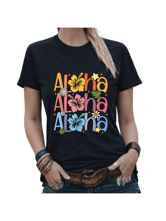 Aloha Hawaii Hibiscus Flower Graphic Tees Womans Tshirt Shirts Black/White S-5XL Tops