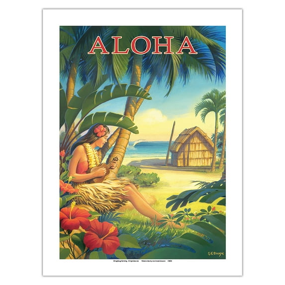 Aloha - Hawaii - Hula Dancer with Ukulele - Vintage Hawaiian Travel Poster by Kerne Erickson - Fine Art Matte Paper Print (Unframed) 24x32in