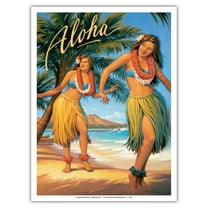 Aloha - Hawaii Hula Dancers - Vintage Hawaiian Travel Poster by Kerne Erickson - Master Art Print (Unframed) 9in x 12in