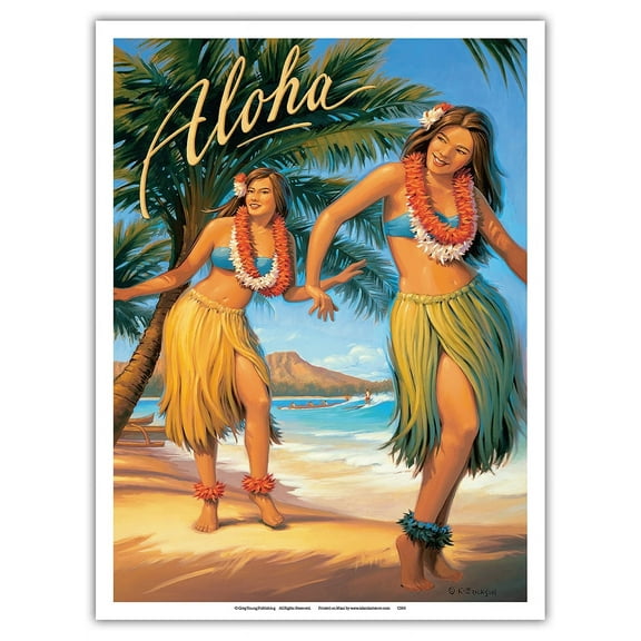 Aloha - Hawaii Hula Dancers - Vintage Hawaiian Travel Poster by Kerne Erickson - Master Art Print (Unframed) 9in x 12in