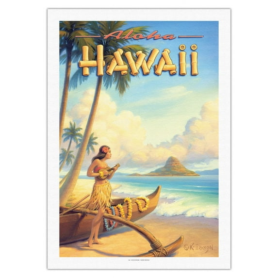 Aloha Hawaii - Hula Girl Playing Ukulele - Mokoliʻi Island (Chinaman's Hat) - Vintage Hawaiian Travel Poster by Kerne Erickson - Fine Art Rolled Canvas Print 27in x 40in