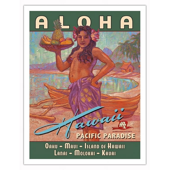 Aloha Hawaii - Pacific Paradise - Hawaiian Airways - Vintage Hawaiian Travel Poster by Rick Sharp - Fine Art Matte Paper Print (Unframed) 20x26in