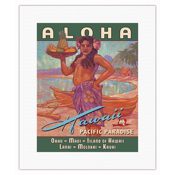 Aloha Hawaii - Pacific Paradise - Hawaiian Airways - Vintage Hawaiian Travel Poster by Rick Sharp - Fine Art Rolled Canvas Print 11in x 14in
