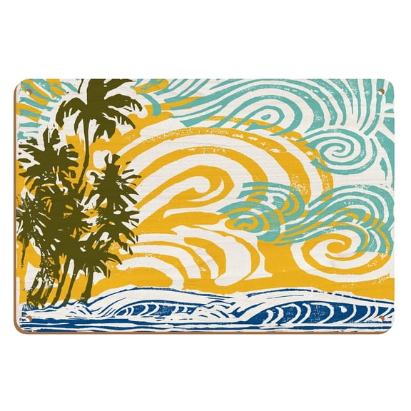 Aloha Hawaii - Palm Trees and Waves - Vintage Hawaiian Woodblock Print by Wade Koniakowsky - 8 x 12 inch Vintage Wood Art Sign