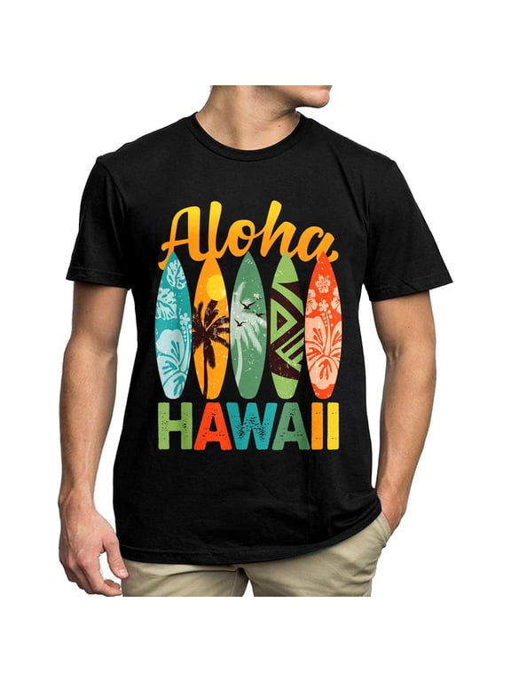Aloha Hawaii Surf Vacay Men Tops T-Shirt Holiday Graphics Casual Short Sleeve Crew Neck Shirts Gift Tee Black X-Large