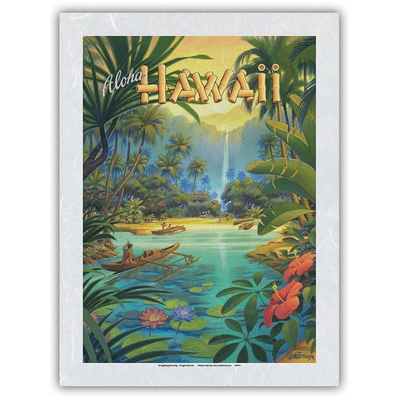 Aloha Hawaii - Vintage Hawaiian Travel Poster by Kerne Erickson - Japanese Unryu Rice Paper Art Print (Unframed) 12 x 16 in
