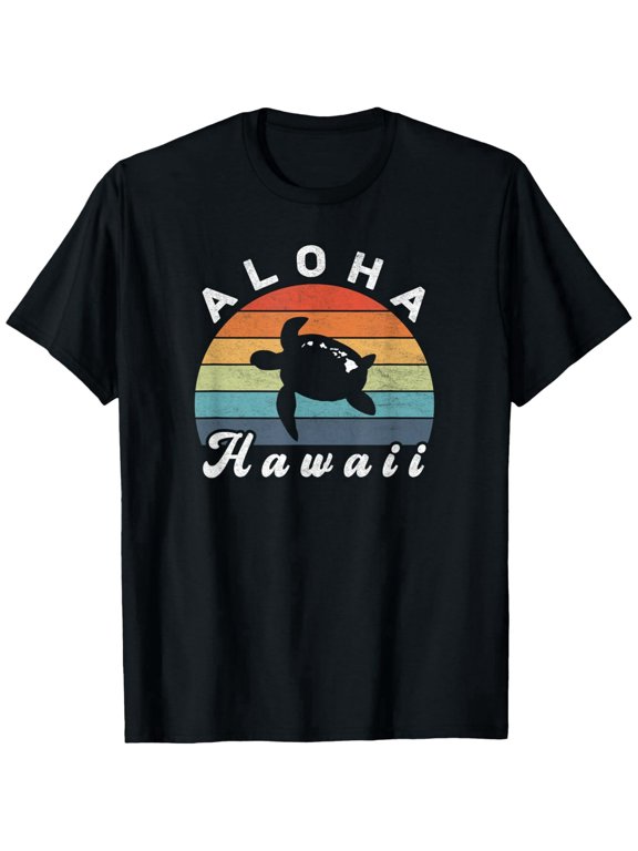 Aloha Hawaii Vintage Sunset Sea Turtle Graphic Unisex Casual Beach Vacation Souvenir Gift Cotton Men's Women's Tee Shirt