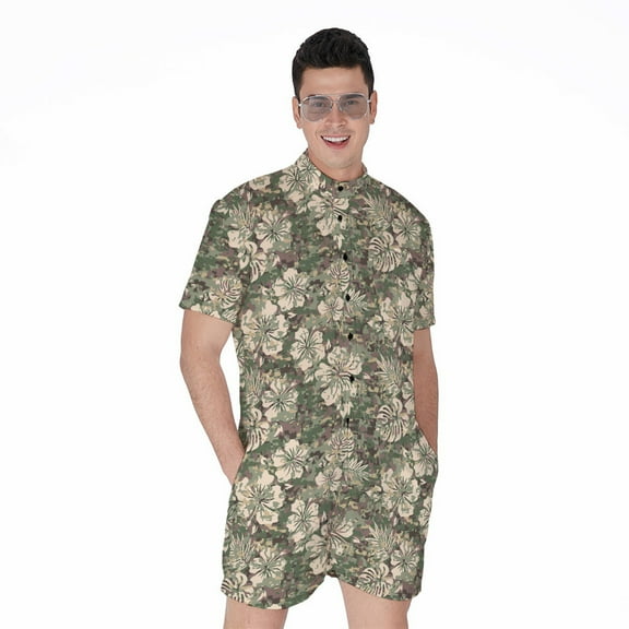 Aloha Hawaiian Camo Flower Pattern Short Sleeve Men'S Rompers, Tropical Hawaiian Aloha Floral Casual Summer Jumpsuits Outfit