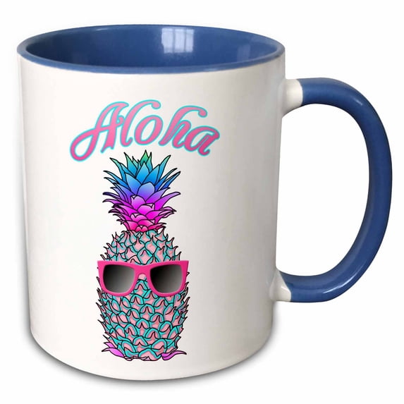 3drose, Aloha Hawaiian Design with a Cool Tropical Pineapple in Sunglasses., 15oz Two-tone Blue Mug