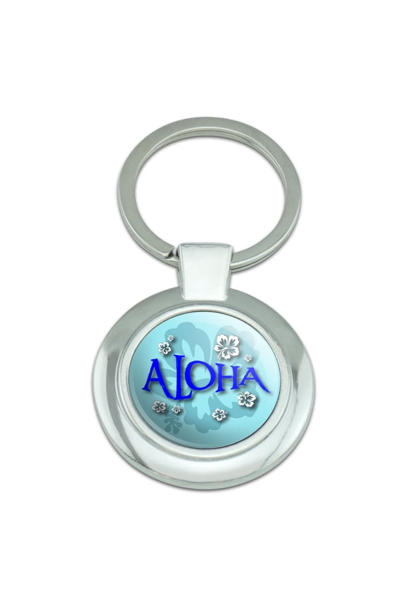 Aloha Hawaiian Greeting Hibiscus Flowers Classy Round Chrome Plated Metal Keychain