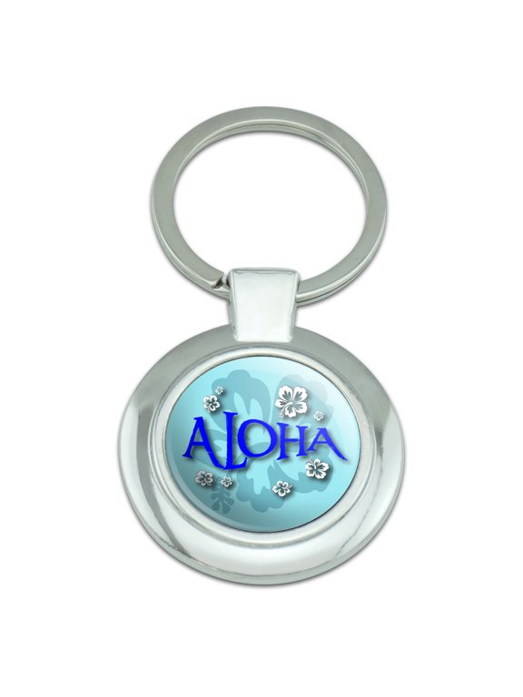 Aloha Hawaiian Greeting Hibiscus Flowers Classy Round Chrome Plated Metal Keychain