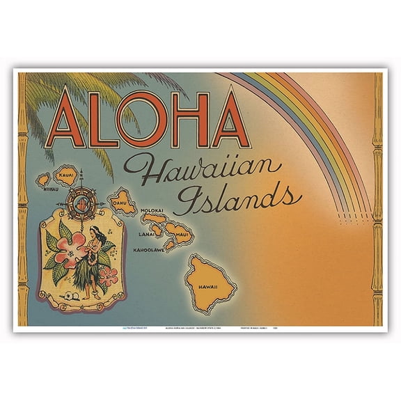 Aloha Hawaiian Islands - Rainbow State - Vintage Hawaiian Color Postcard c.1944 - Master Art Print 10in x 14in
