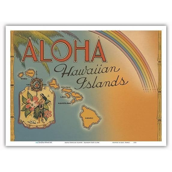Aloha Hawaiian Islands - Rainbow State - Vintage Hawaiian Color Postcard c.1944 - Master Art Print (Unframed) 9in x 12in