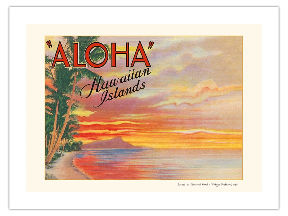 Aloha Hawaiian Islands - Sunset on Diamond Head - Vintage Hawaiian