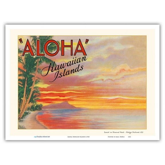 Aloha Hawaiian Islands - Sunset on Diamond Head - Vintage Hawaiian Color Postcard c.1935 - Master Art Print (Unframed) 9in x 12in
