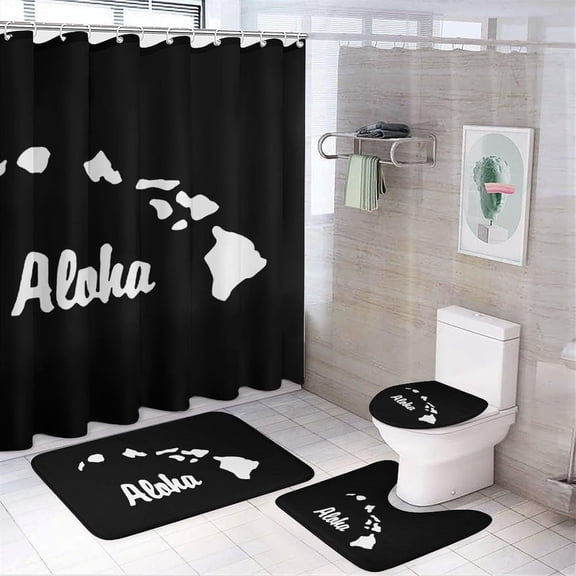 Aloha Hawaiian Map 4Pcs Shower Curtain Set Washable Bathroom Sets with Toilet Lid Cover and Non-Slip Rug Bath Accessories Decor