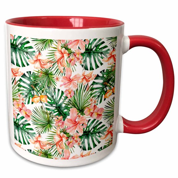 3drose, Aloha Hibiscus Flower Leaves Monstera Jungle Tropical Hawaii Pattern, 15oz Two-tone Red Mug