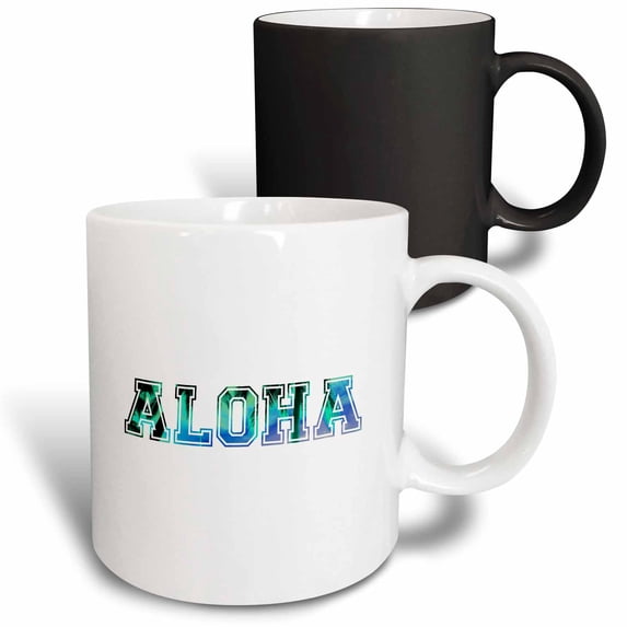 3drose, Aloha in Blue Turquoise Teal Sky with Black Silhouette of Hawaiian Palm Trees Tropical Hawaii Saying, 11oz Magic Transforming Mug