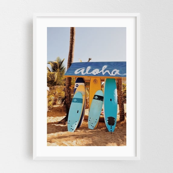 Aloha - Isabela Puerto Rico Photography Surfboard Beach Tropical Palm Tree Vintage Ocean Summer White Framed Wall Art Print 16 x 24 inches