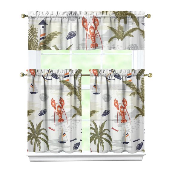 Aloha Kitchen Curtains Set, 3 Piece Rod Pocket Curtains, Tropical and Coastal Style Kitchen Window Treatment