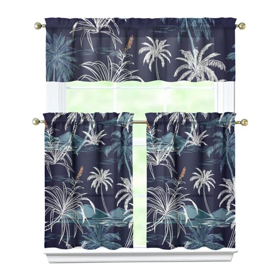 Aloha Kitchen Curtains Set, 3 Piece Rod Pocket Curtains, Tropical and Coastal Style Kitchen Window Treatment