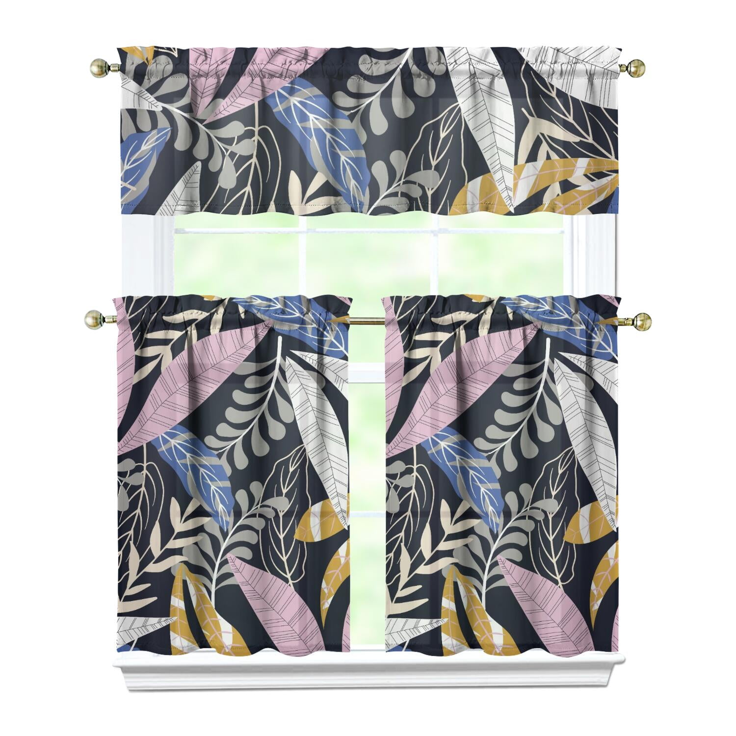 Aloha Kitchen Curtains Set, Rod Pocket Light Filtering Curtains, Tropical Plant Inspired Window ...
