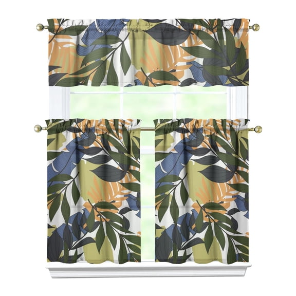 Aloha Kitchen Curtains Set, Rod Pocket Tier and Valance, Tropical Botanical Kitchen Curtains for Office and Small Balcony
