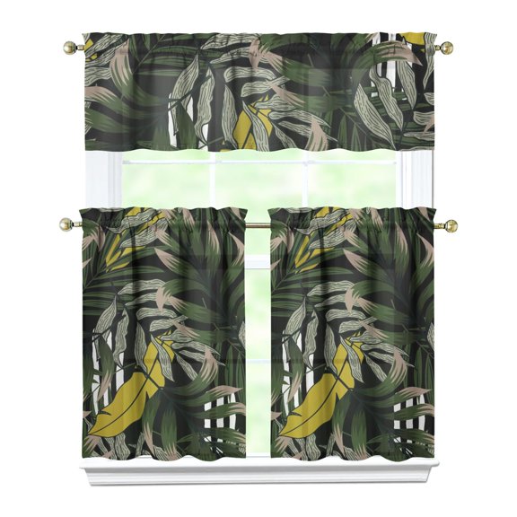 Aloha Kitchen Curtains Set, Rod Pocket Tier and Valance, Tropical Botanical Kitchen Curtains for Office and Small Balcony