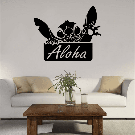 Aloha - Lilo And Stitch Movie Animation Disney Lilo and Stitch Cute Stitch Happy Waving Silhouette Disney Wall Sticker Vinyl Decal Home Decor Room Living Room Bedroom Decoration Size (18x20 inch)