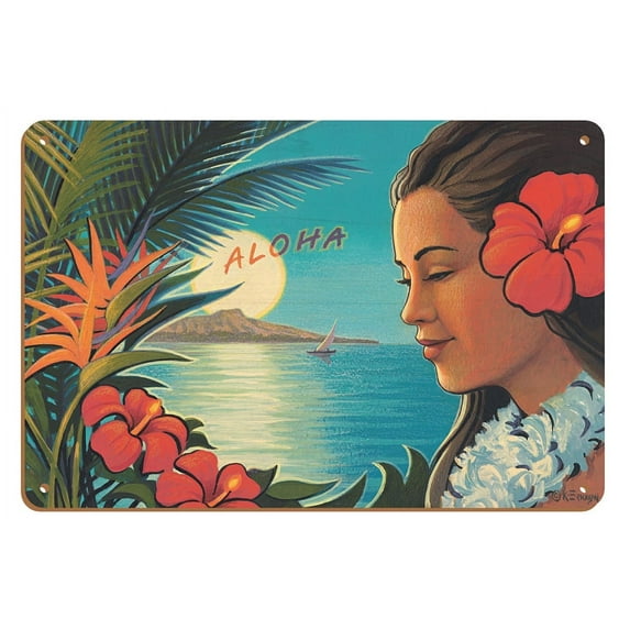 Aloha Moonrise - Hula Girl - Full Moon over Diamond Head Crater - Vintage Hawaiian Travel Poster by Kerne Erickson - 8 x 12 inch Vintage Wood Art Sign