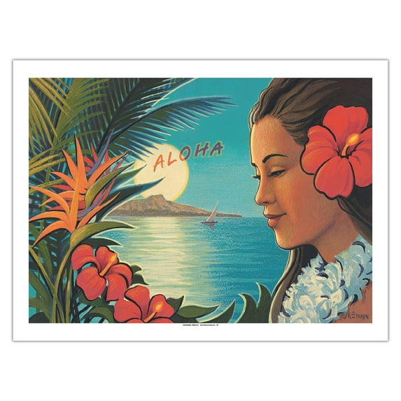 Aloha Moonrise - Hula Girl - Full Moon over Diamond Head Crater - Vintage Hawaiian Travel Poster by Kerne Erickson - Fine Art Matte Paper Print (Unframed) 24x32in